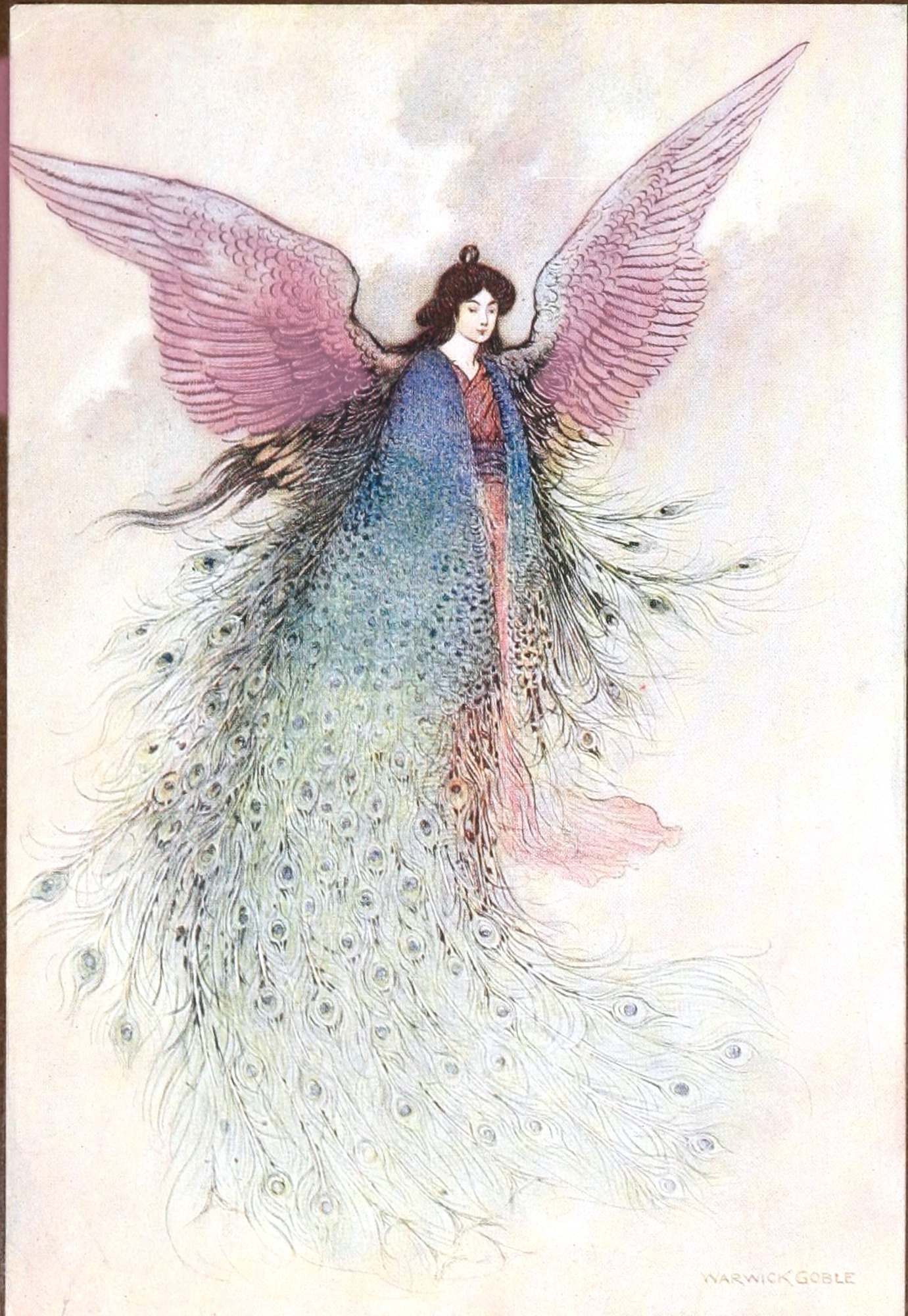 The Moon Maiden, a winged fairy illustration by Warwick Goble, 1910, wings tinted pink