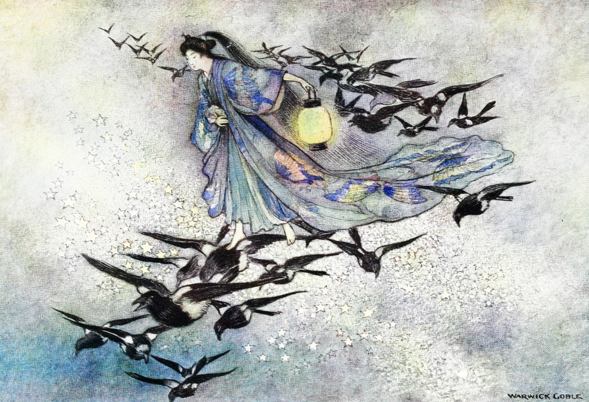 The Star Lovers, a fairy with a lantern flying with birds through a starry sky, by Warwick Goble, 1910